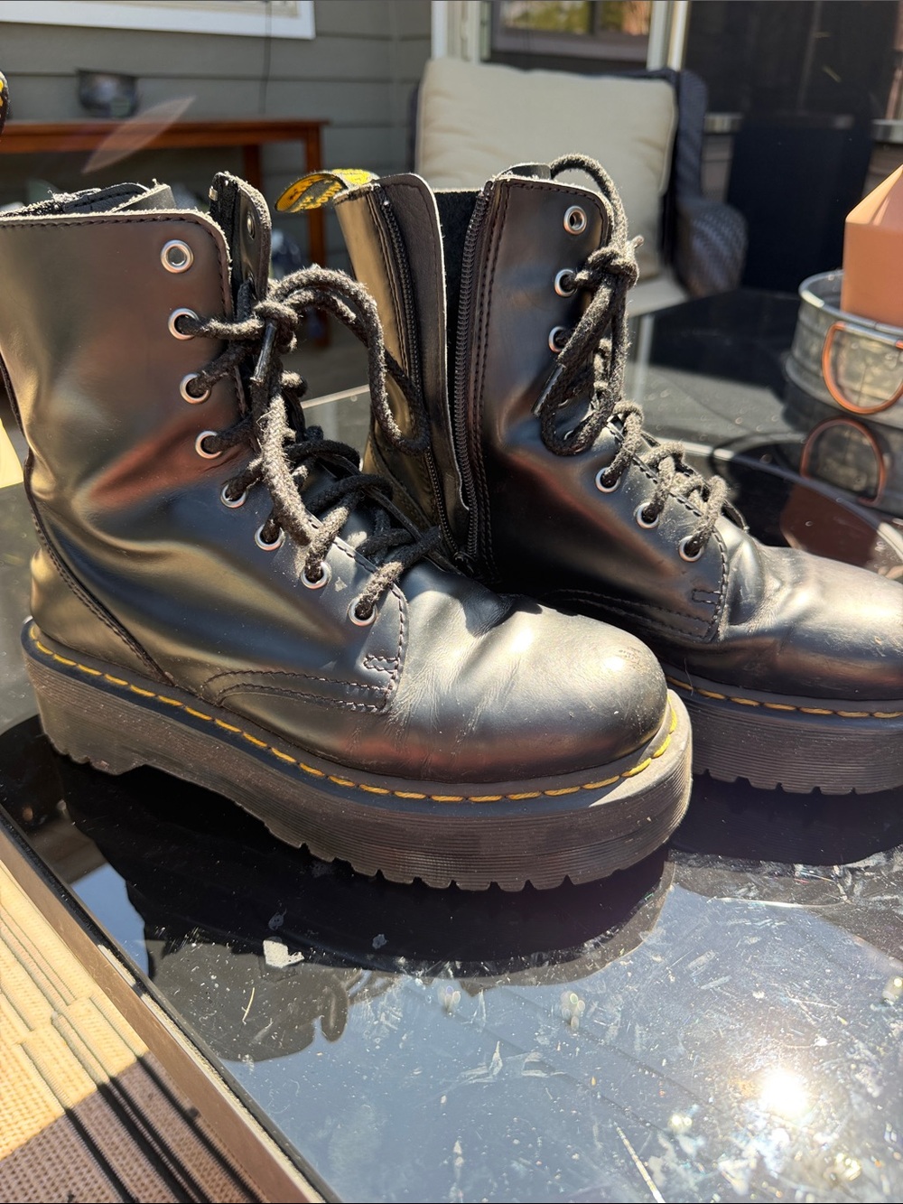 Dr. Martens Black Platform Lace-Up Boots with Yellow Heel Loop - Picture 10 of 11